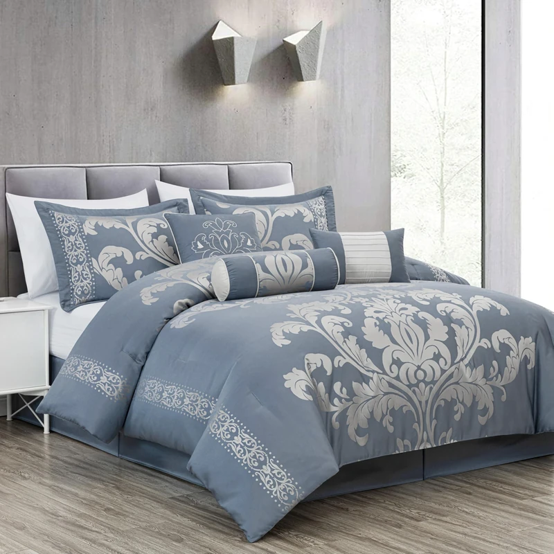 Chezmoi Collection Royale 7-Piece Jacquard Floral Comforter Set, Queen, Grayish Blue/Gray