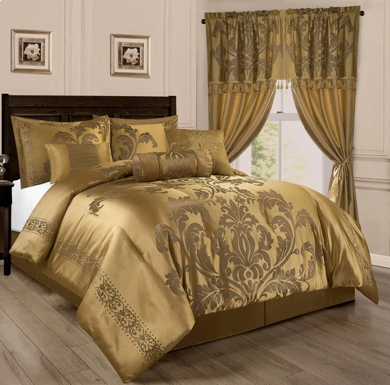 Chezmoi Collection Royale 7-Piece Jacquard Floral Comforter Set, Oversized Queen, Gold