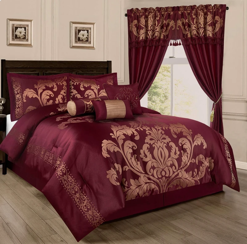 Chezmoi Collection Royale 7-Piece Jacquard Floral Comforter Set, Oversized Queen, Maroon/Gold