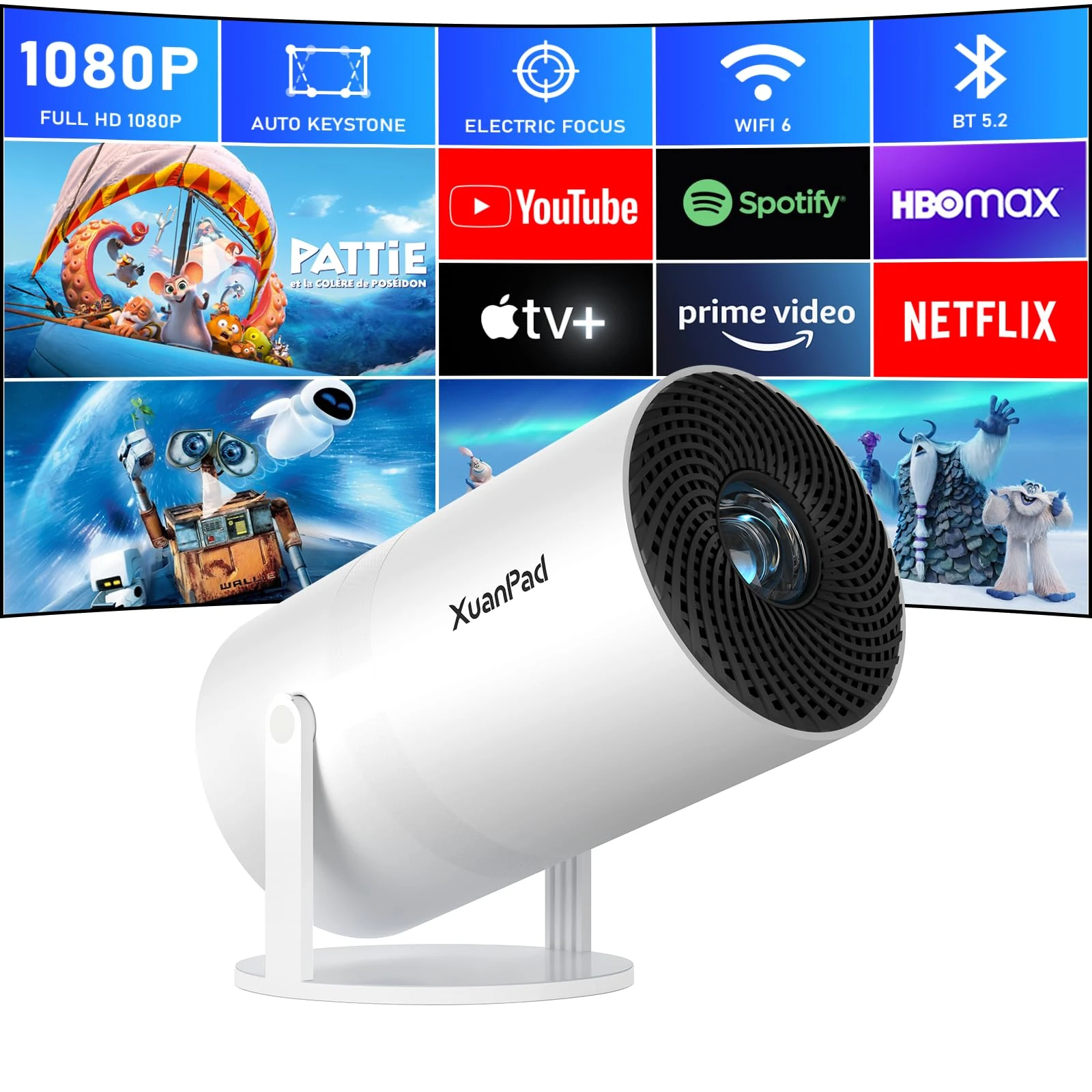 [Official Netflix & 16000L Electric Focus] Mini Projector – WiFi & Bluetooth, XuanPad 1080P Supported, Portable Projector with 210° Rotatable Stand, Auto Keystone, Dust Removal & Cooling Design