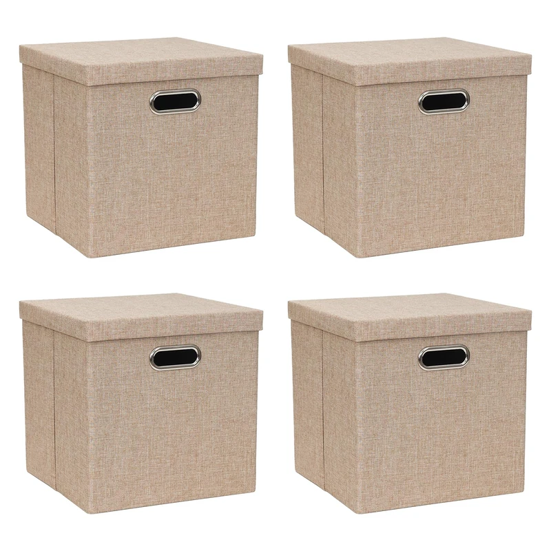 ArcaGuru Storage Bins with Lids, Collapsible Linen Fabric Boxes Organizer Containers with Lid Foldable Storage Box Basket for Closet, Shelves, Home, Office, 30.5 x 30.5 x 30.5 CM, 4 Pack, Khaki