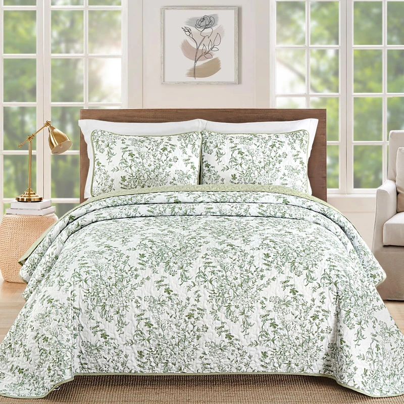 WONGS BDEEING California King Quilt Sets, Sage Green Quilt Bedding Set with 2 Pillowcases, Botanical Quilt for Cal King Bed, Soft Microfiber Lightweight Coverlet Bedspread for All Season (110"×90")