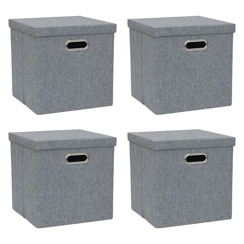 ArcaGuru Storage Bins with Lids, Collapsible Linen Fabric Boxes Organizer Containers with Lid Foldable Storage Box Basket for Closet, Shelves, Home, Office, 30.5 x 30.5 x 30.5 CM, 4 Pack, Dark Gray