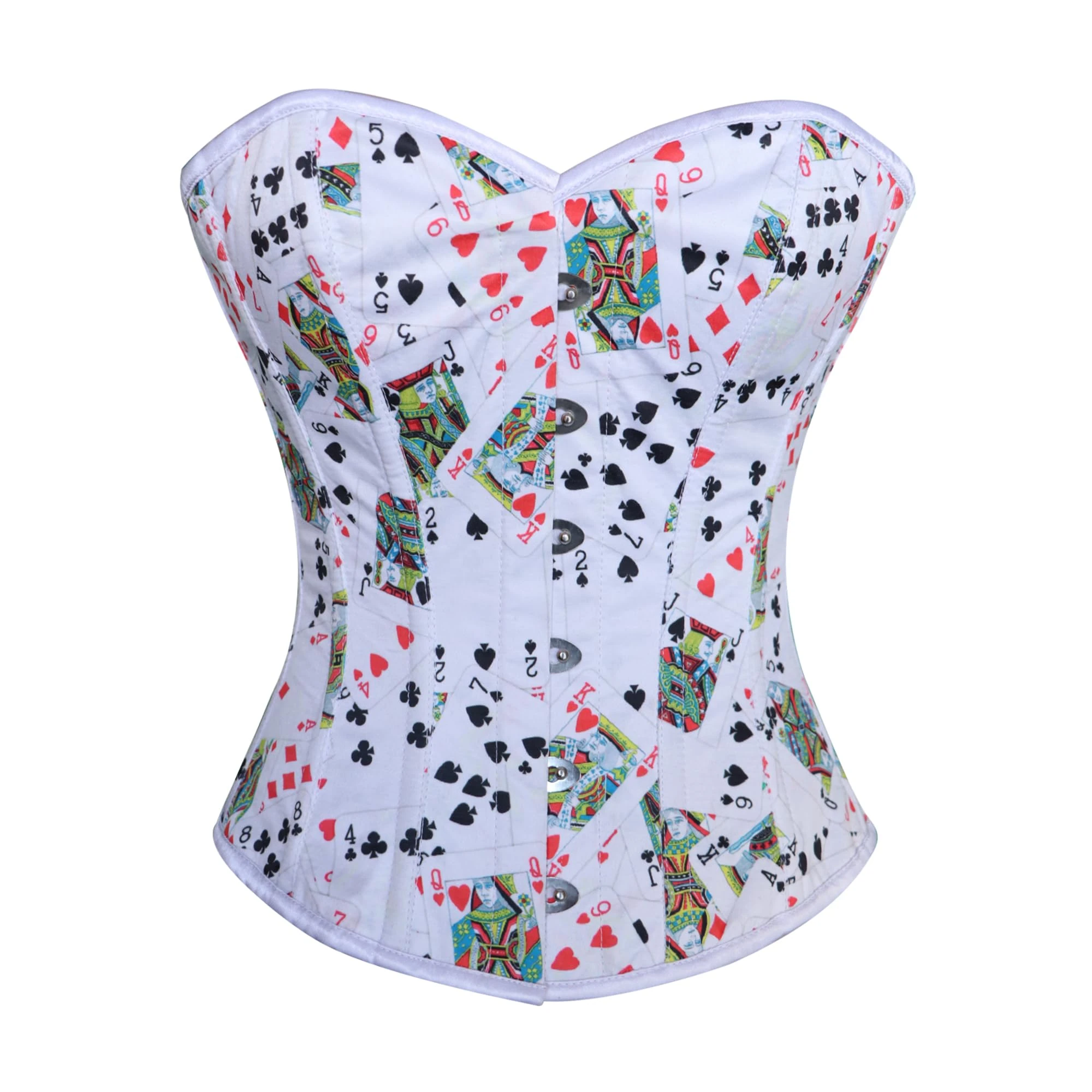CorsetsNmore Women’s Playing Cards Printed White Satin Corset Gothic Costume