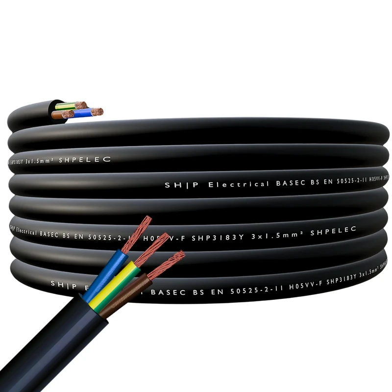 SHPELEC® FLEXIBLE Black Cable 3183Y 0.75mm, 1.0mm, 1.5mm, 2.5mm BASEC Approved Black PVC LED Lighting 5m 10m 15m 20m 50m (1.5mm 3 Core - 60 metres)