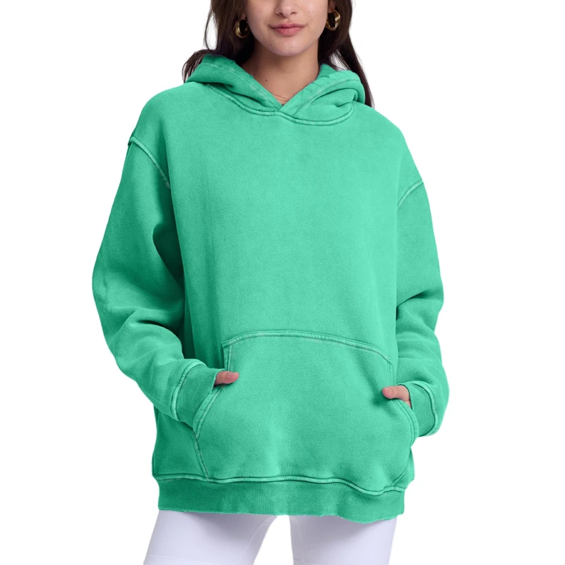 FAIABLE Womens Oversized Acid Wash Hoodie Unisex Heavyweight Cotton Hoodies Fleece Vintage Washed Sweatshirt Women Men, Mint Green, Large