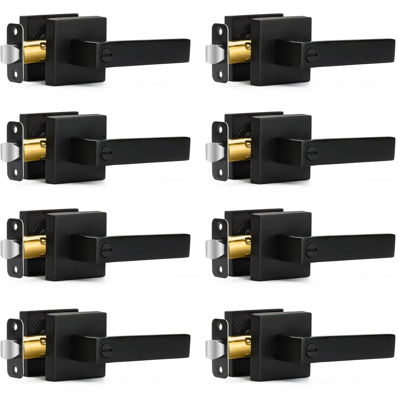 Hasmikit 8 Pack Matte Black Door Handles Privacy Door Levers, Heavy Duty Bed and Bath Door Locks Interior Door Knobs, Reversible Keyless Flat Levers with Square Rosette