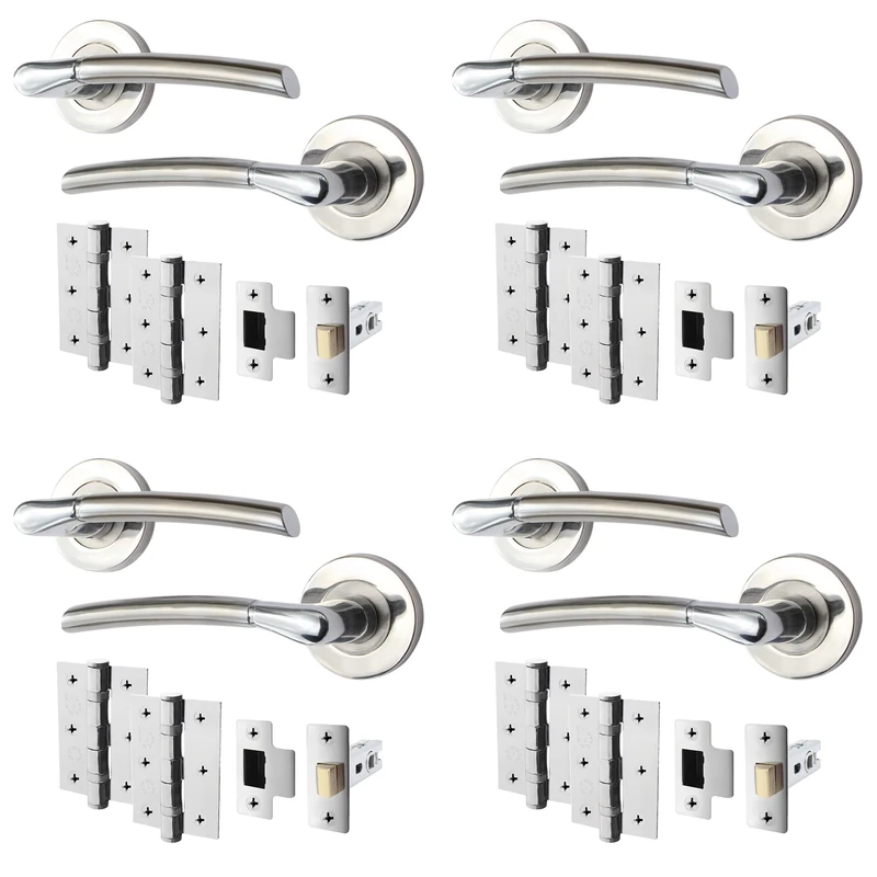 EAI Internal Door Handle Latch Set Duo Finish | 4 Pairs Satin Nickel and Polished Chrome Lever on Rose Round | Latch (64mm), Hinges (76mm)