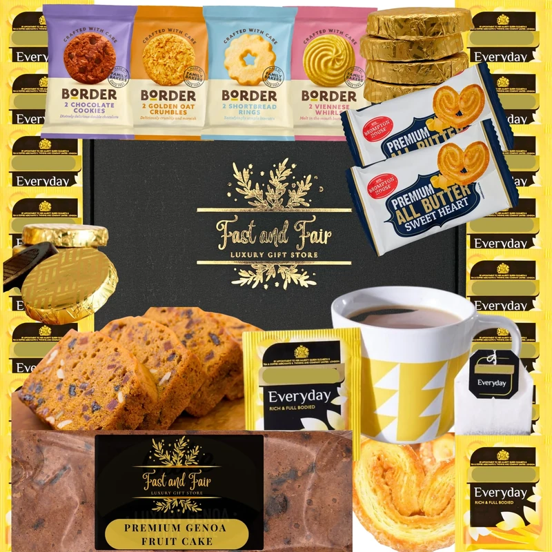 Luxury Tea & Cake Gift Set - Food Gift Hamper with Everyday Tea, Premium Genoa Fruit Cake, Border Biscuit Selection, All Butter Sweethearts & Mint Chocolate Crisps - 27 Items in Gold Embossed Gift Box