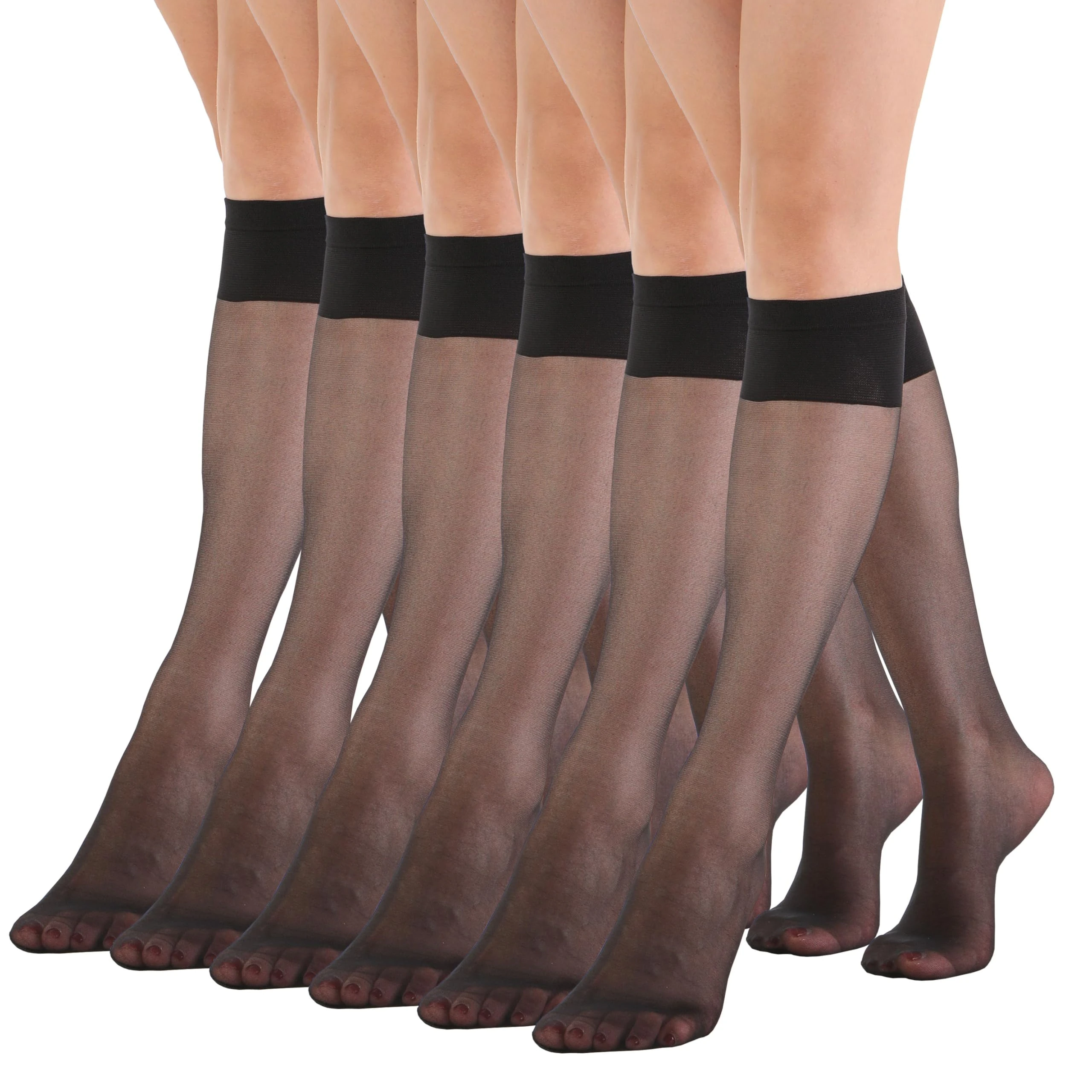 EVERSWE 6 Pairs Women's Sheer Knee High Stockings 15D (Black,One Size)