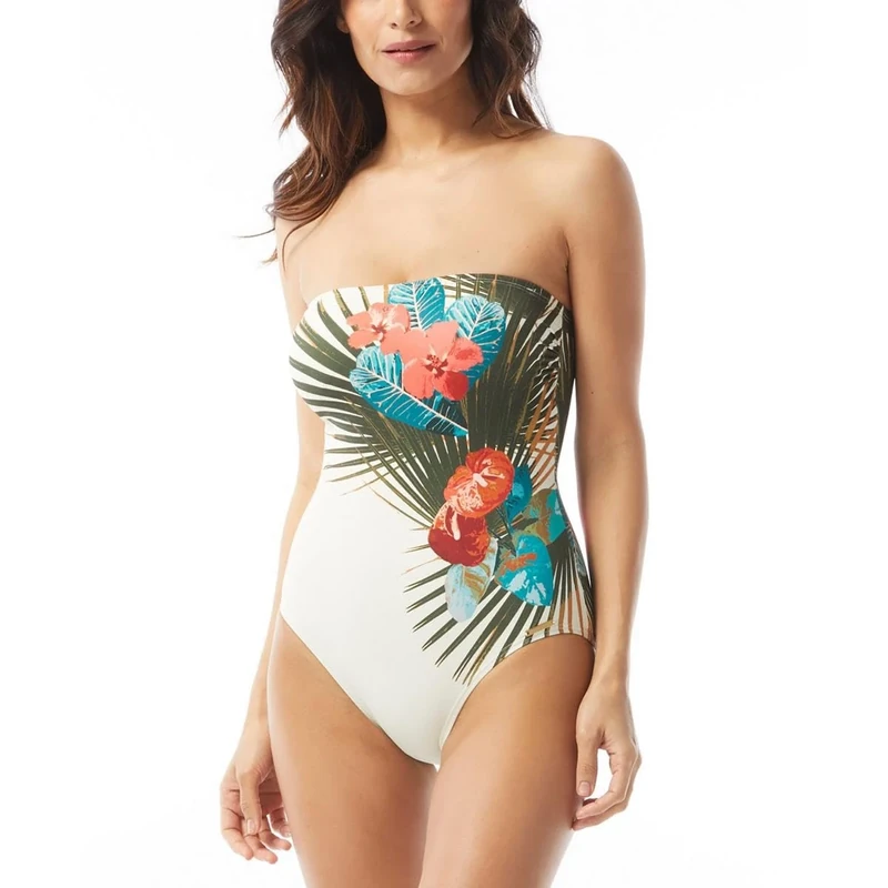 Vince Camuto Womens Printed Removable Strapd One-Piece Swimsuit Ivory 14