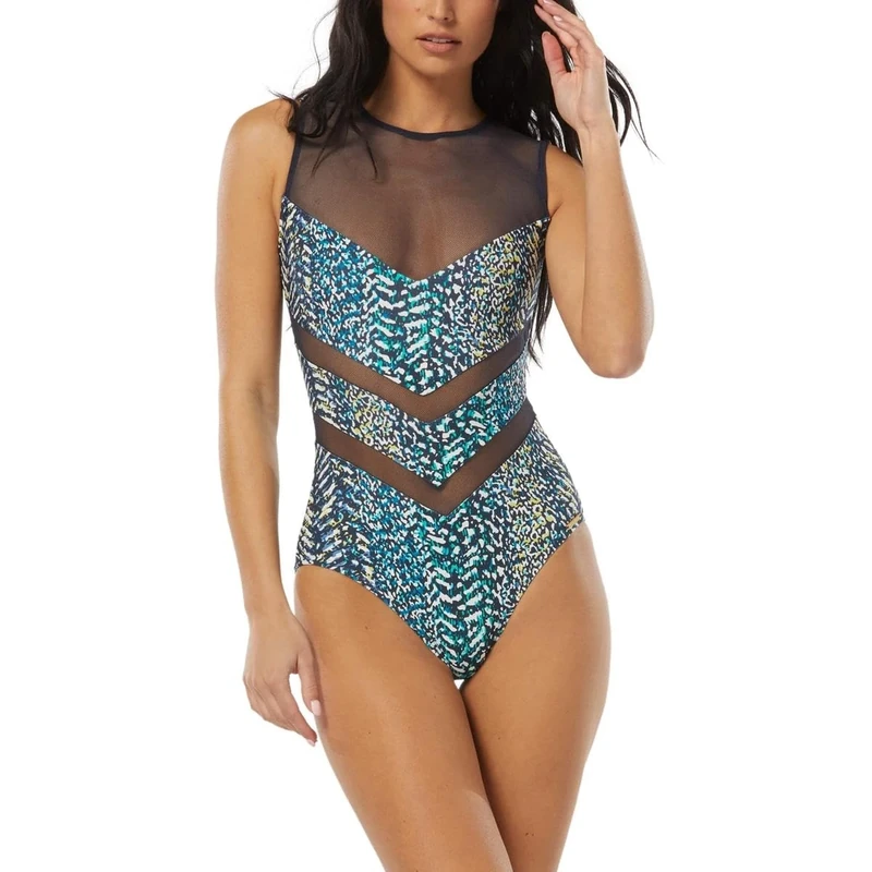 Vince Camuto Women's High-Neck Zip-Back One-Piece Swimsuit Multi 4
