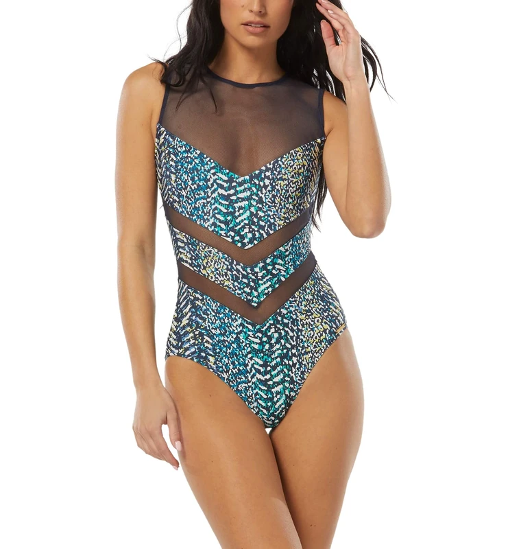 Vince Camuto Women's High-Neck Zip-Back One-Piece Swimsuit Multi 12