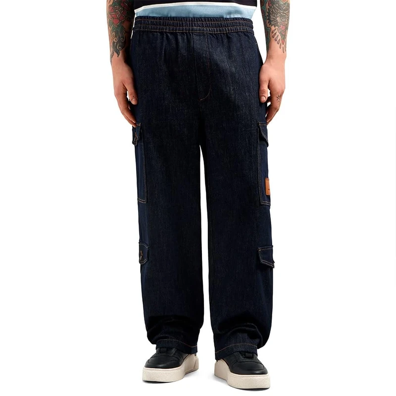 Armani Exchange Men's Utitly Edge, Leather Logo Patch, Patch Pockets Casual Pants, Blue Denim,
