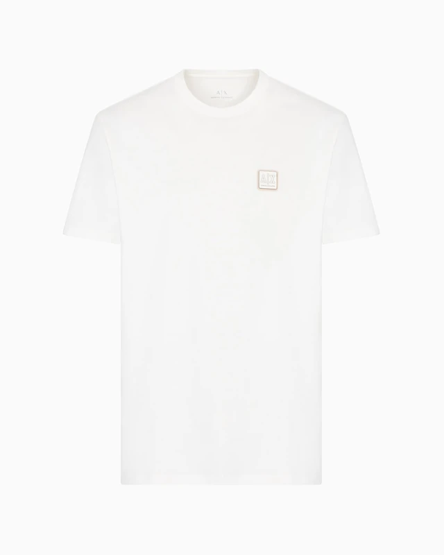 Armani Exchange Men's Utility Edge, Sustainable, Eco-Leather Logo Patch T-Shirt, Off White, S