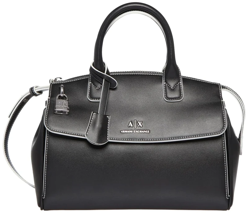 Armani Exchange Women's Jane, Sustainable, Zip Closure, Front Logo Canvas Tote Medium, Black/Journal, medium