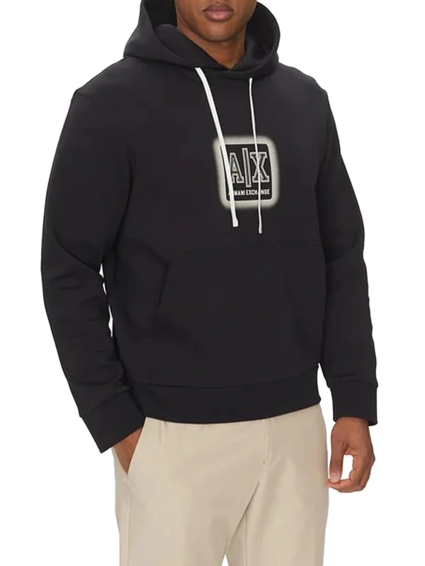 Armani Exchange Men's Utility Edge, Printed Logo, Hooded Sweatshirt, Blue, XL, deep navy, XL