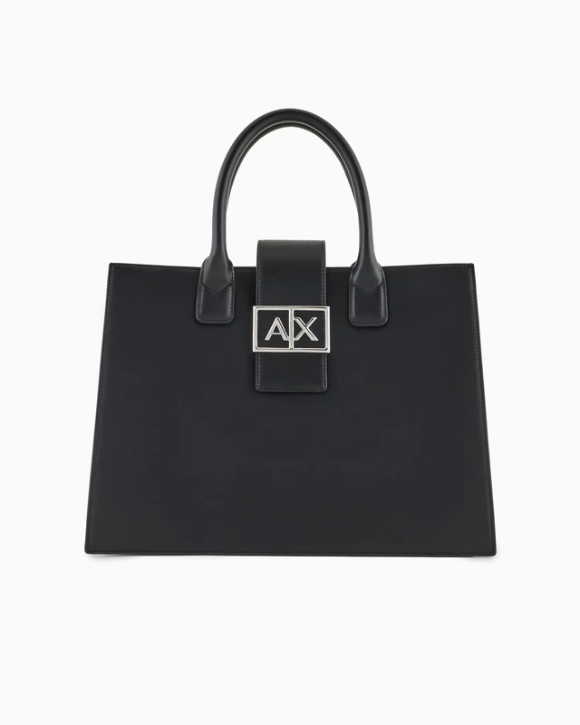Armani Exchange Women's Jodie, Sustainable, Logo Plate Closure, Medium Tote, black, medium