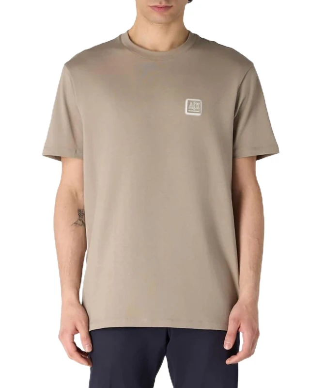 Armani Exchange Men's Utility Edge, Sustainable, Eco-Leather Logo Patch T-Shirt, Roasted Cashew, XS