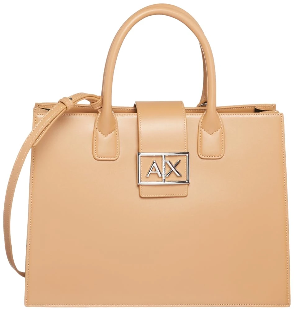 Armani Exchange Women Jodie, Sustainable, Logo Plate Closure Medium Tote, Camel Rose