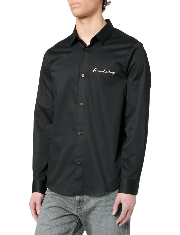 Armani Exchange Men's Long Sleeve Regular Fit Signature Logo Shirt, Shirt, Black, XXL