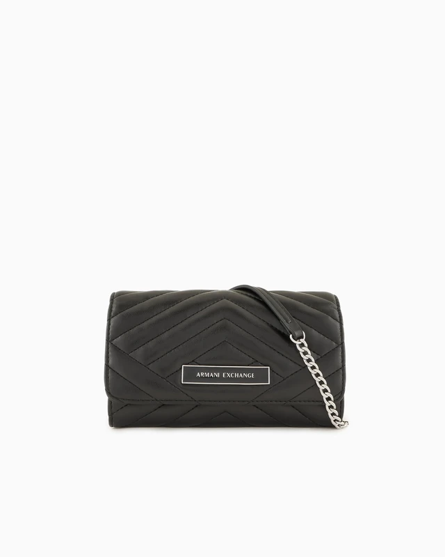 Armani Exchange Women's EmbossedAllOverLogo Wallet on Chain, Black, Black, One Size