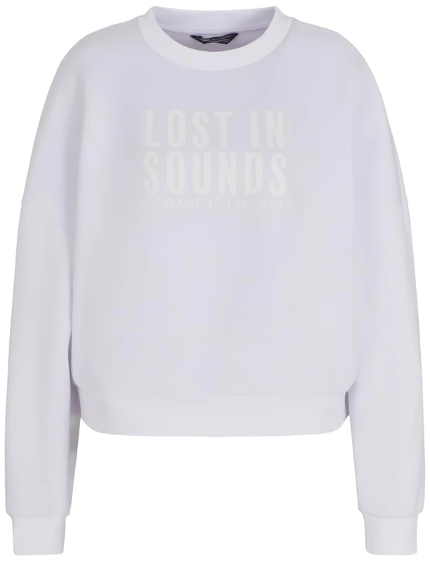 Armani Exchange Women's Lost in Sounds, Sustainable, Tonal Logo Print, Sweatshirt, White, M, White (optic white), M - Image 1