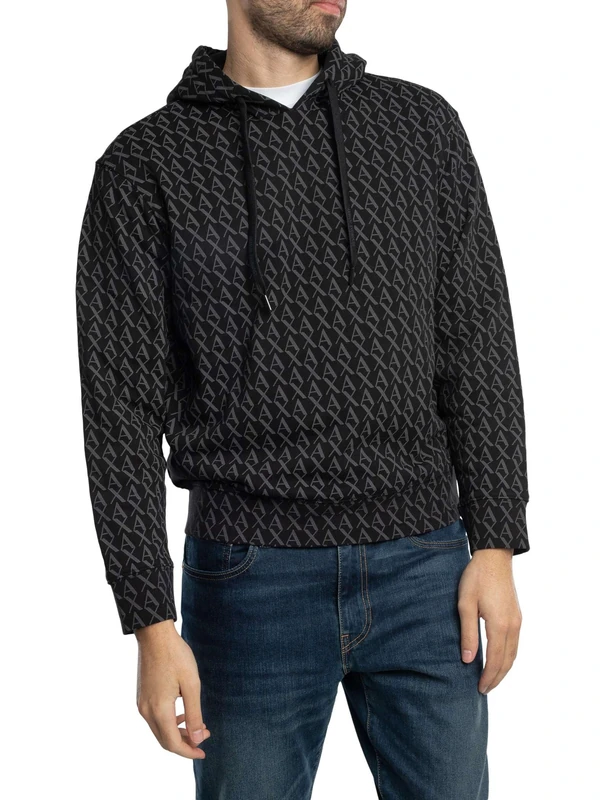 Armani Exchange Essential, All Over Logo Men's Hooded Sweatshirt, Black/Black, M