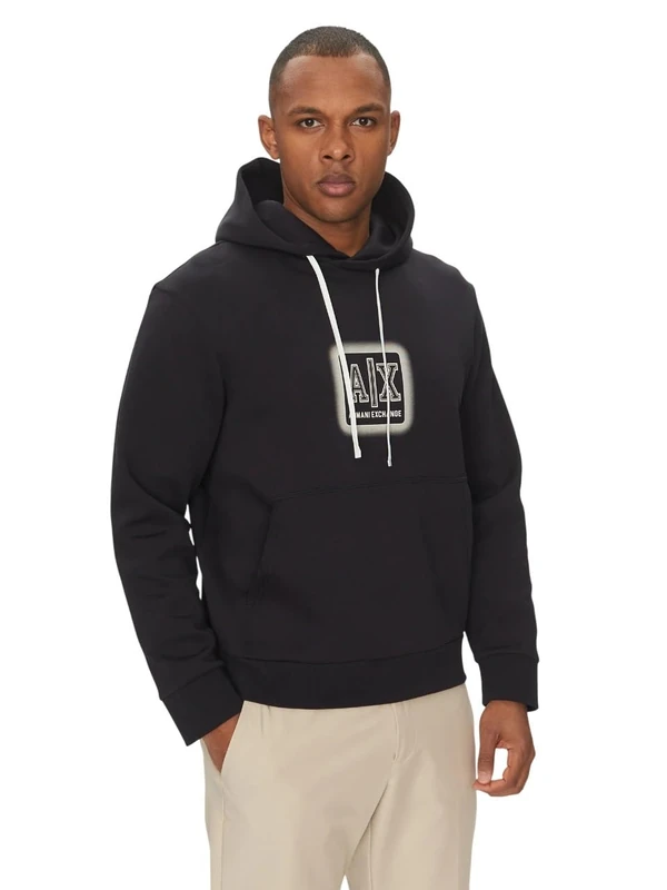 Armani Exchange Men's Utility Edge, Printed Logo, Hooded Sweatshirt, Blue, M, deep navy, M