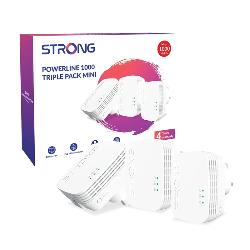STRONG POWERL1000TRIMINIUK AV1000 Mini Powerline Adapter Starter Kit, Pack of 3, Up to 300m Range, No Configuration Required, UK Plug White