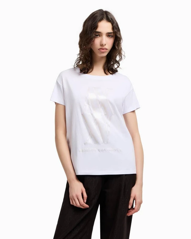 Armani Exchange Women's Arte Sella, Macro Foil Logo, Regular Fit, White, L, White (Optic White), Large