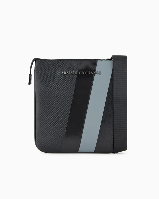 Armani Exchange Men's Dylan, Essential, Stripe Detail Flat Crossbody, Black/Black, Black, One Size