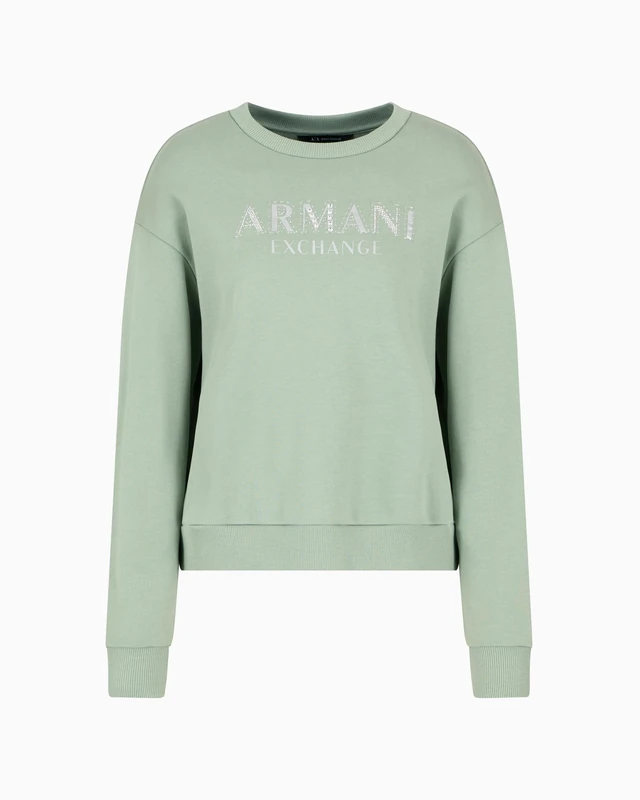 Armani Exchange Women's Arte Sella, Sustainable, Shiny Logo Lettering Sweatshirt, Sage, XS