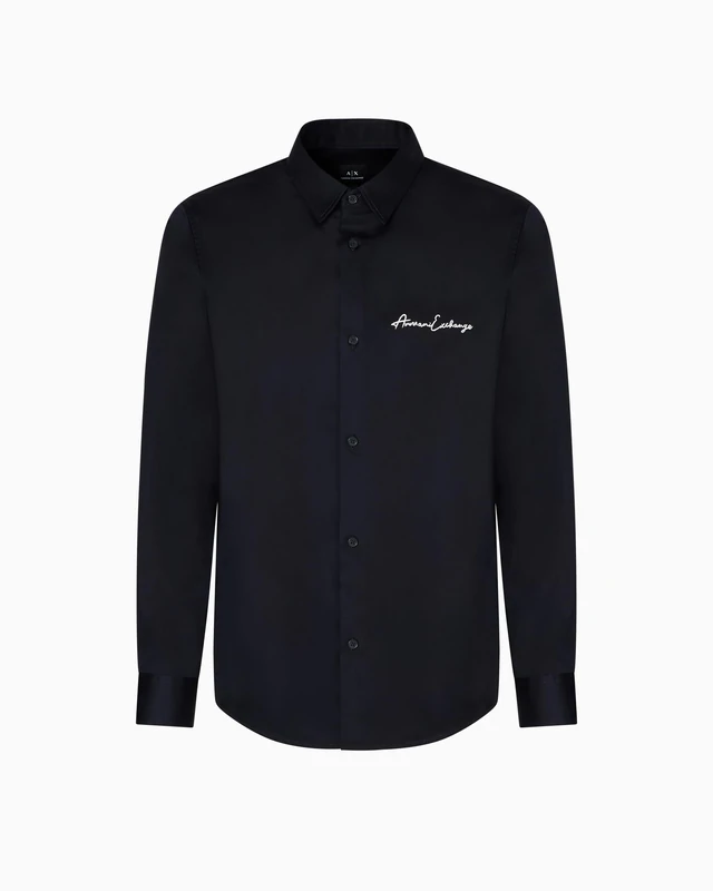 Armani Exchange Men's Long Sleeve Regular Fit Signature Logo Shirt, Shirt, Blue, XL