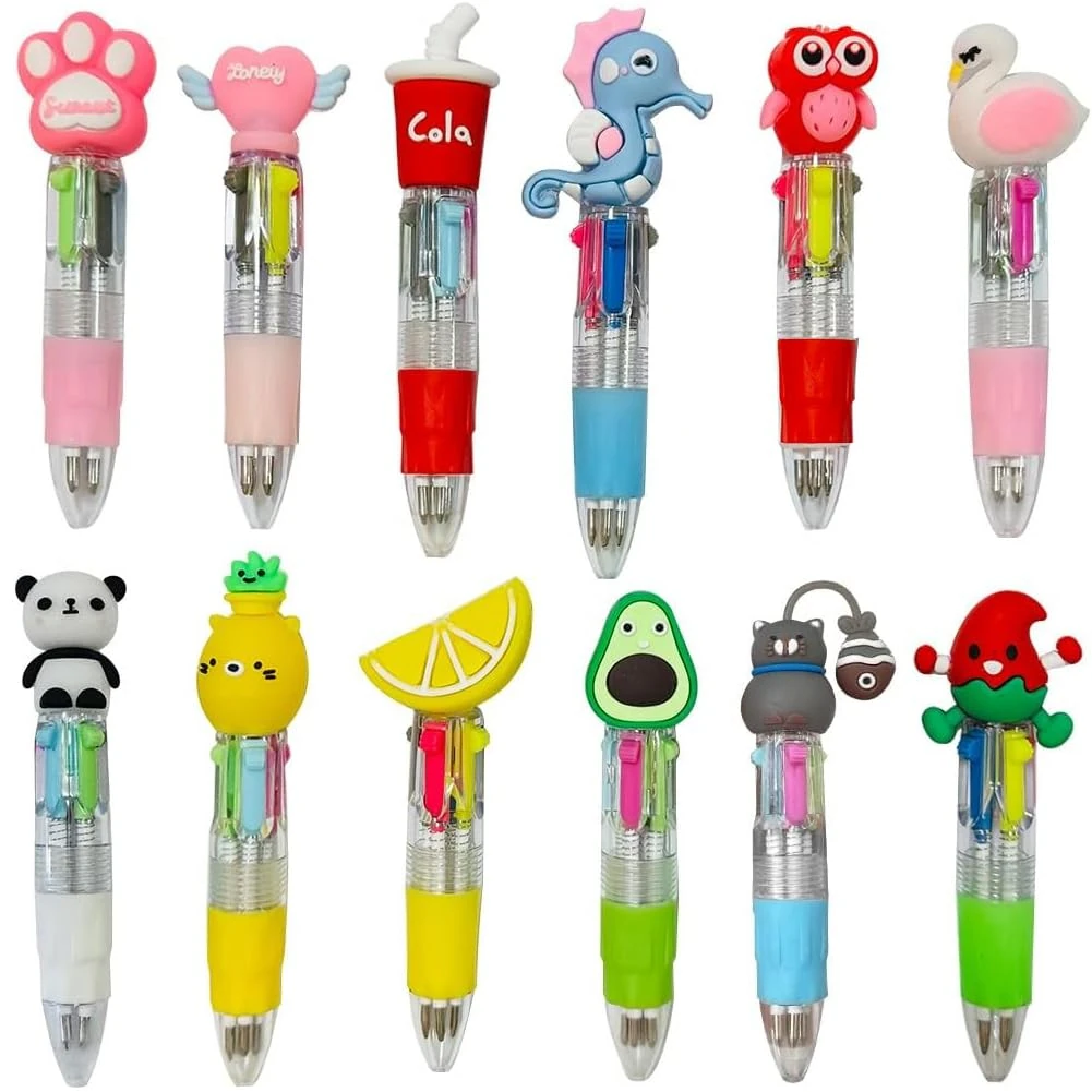 XYUXWLG Multicoloured Pens, 12 PCS Pens for Kids 4-Color Fun Cartoon Mini Retractable Ballpoint Pens, Party Bag Fillers for Kids Class School Supplies