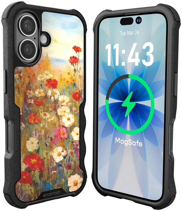 Smartish® iPhone 16 Protective Magnetic Case - Gripzilla Compatible with MagSafe [Rugged + Tough] Heavy Duty Grip Armored Slim Cover w/Drop Tested Protection for Apple iPhone 16 - Wildflower Fields