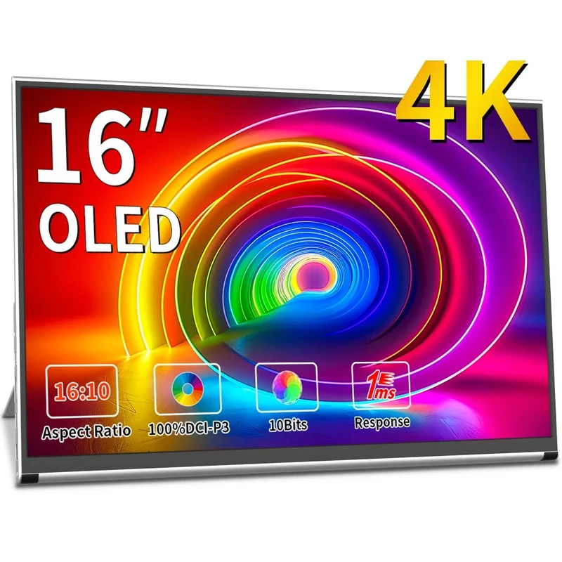 OLED Portable Monitor 4K，UHD Portable Laptop Display 16 Portable Gaming Monitor 100% DCI-P3 OLED Monitor with HDMI/USB-C External screen for laptop Phone/Switch/XBOX
