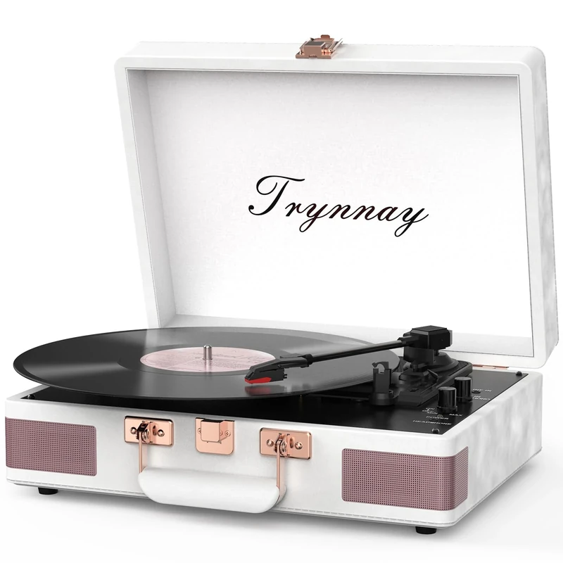 Trynnay Record Player 3 Speed Bluetooth Portable Suitcase Vinyl Player with Built-in Speakers Turntable Enhanced Audio Sound Waxed Leather Vintage White