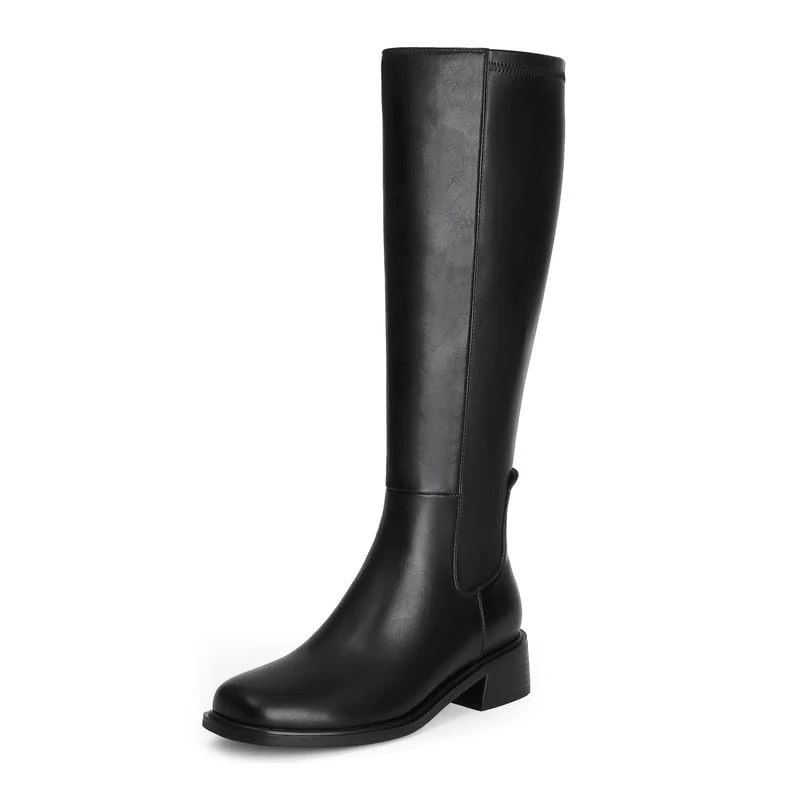 QIY Knee High Boots Women Faux Leather Low Heel Square Toe Side Zipper Fall Long Tall for Women Elastic Boots, Black, 6 UK