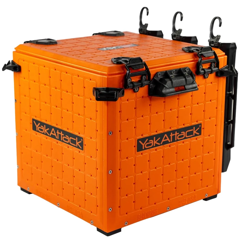 YakAttack BlackPak Pro Kayak Fishing Crate 33x33cm 3 Rod Holders Orange Fishing Tackle Organizer Lightweight Durable Customisable Accessory Made in USA