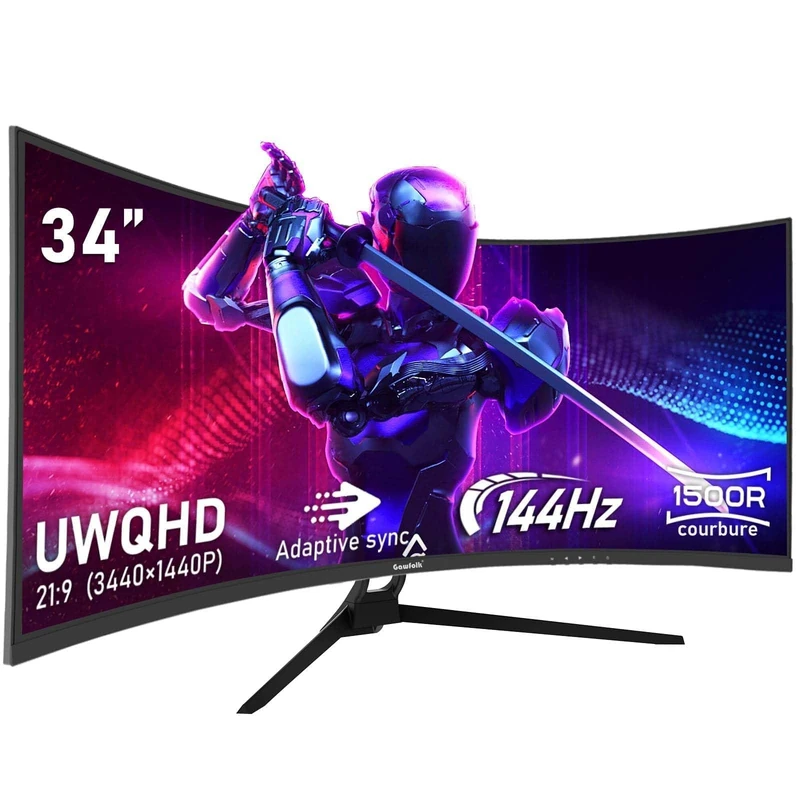 Gawfolk Ultra Large 34 Inch 1500R Curved 144Hz Gaming Computer Monitor, 21:9 UWQHD (3440 x 1440), Adaptive Sync, HDR, 178° Angle View, Displayport, HDMI, VESA 75 x 75 MM-Black - Image 1