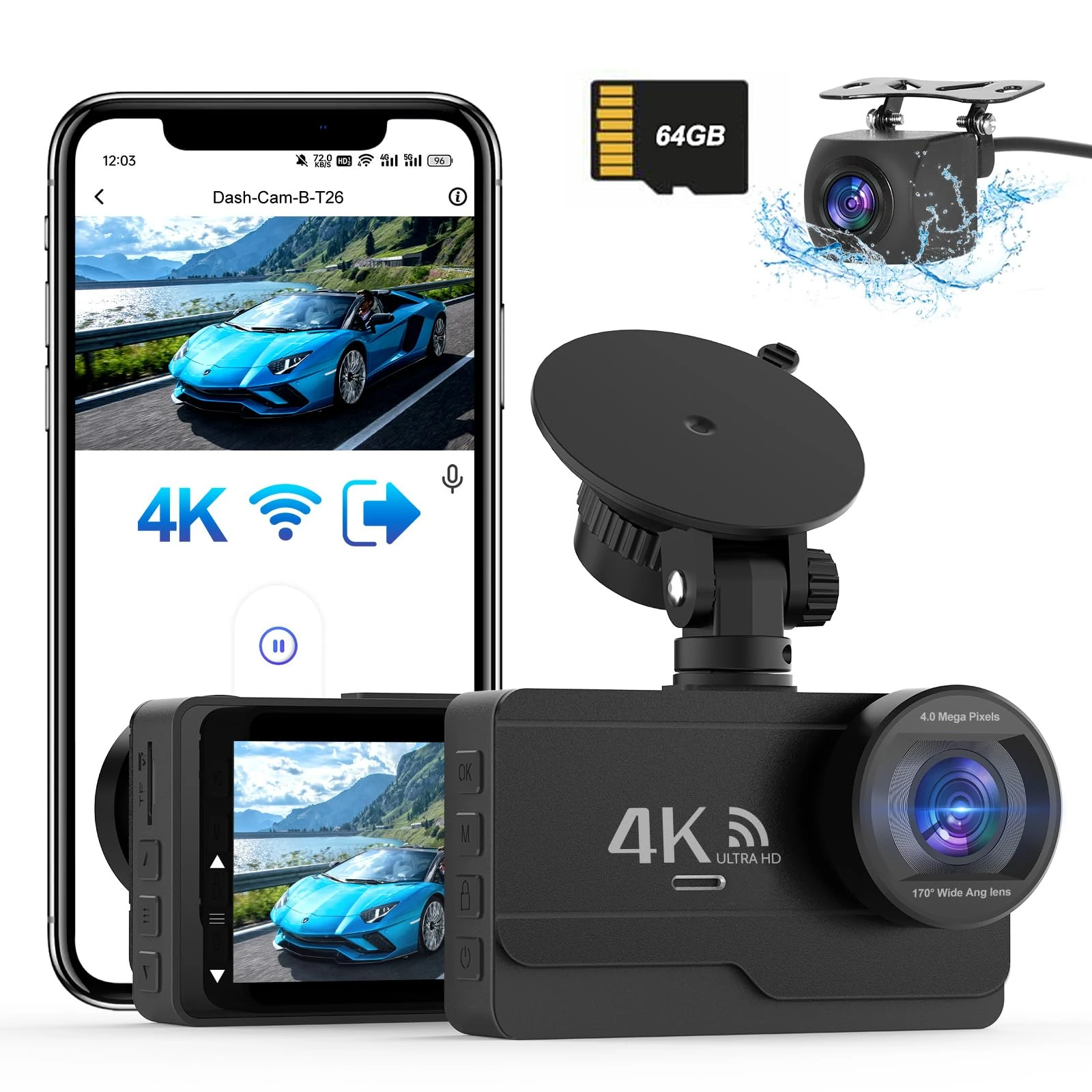 DYNACAM 4K/2K+1080P Dash Cam Front and Rear, WiFi Dashcam Free 64GB Card,170°Wide Angle,Dual Dash Cam G-Sensor, Car Camera APP Control,WDR Night Vision,Car on-dash Mounted Cameras,Support 256GB Max