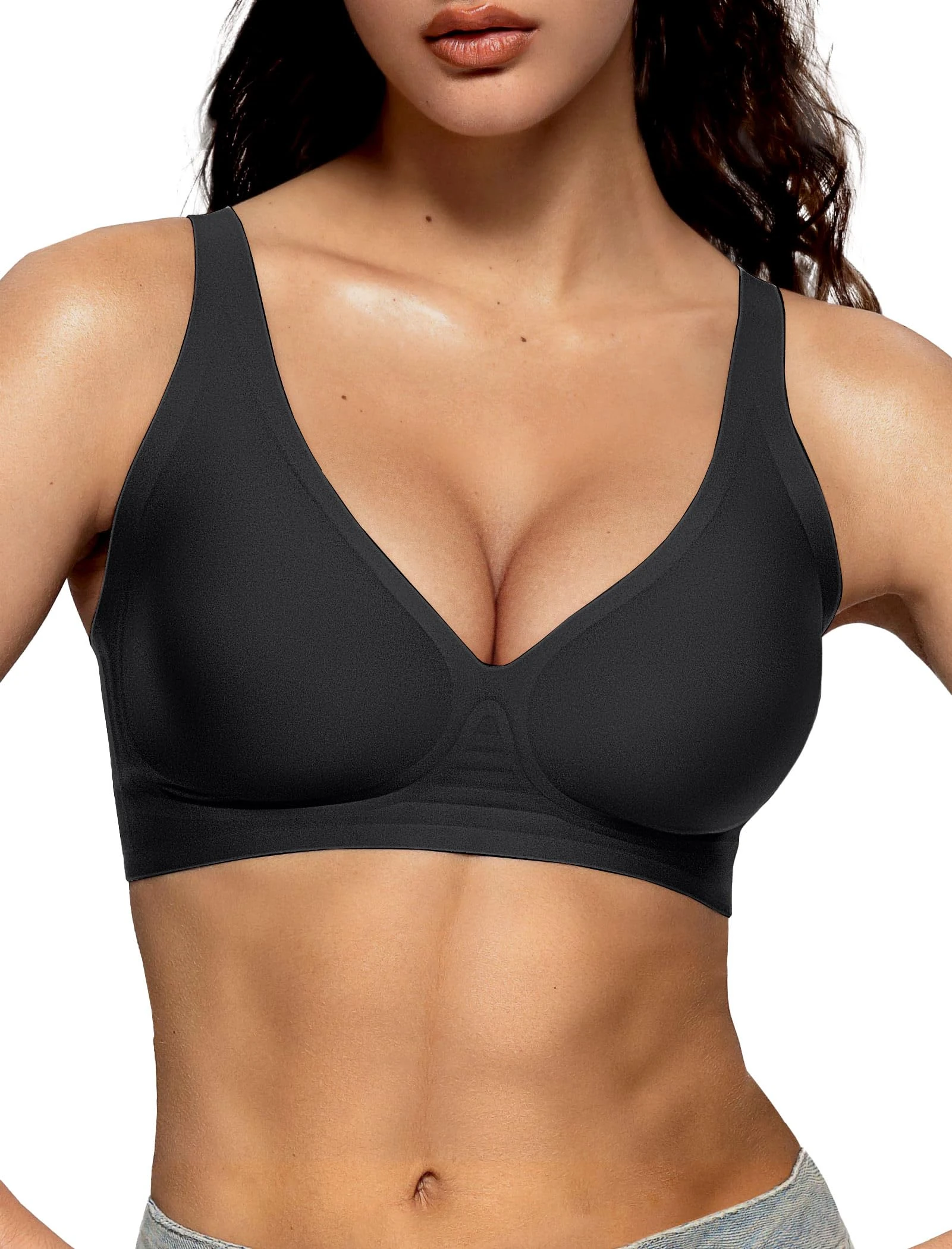Vertvie Bras for Women Non Wired Deep V Seamless Wireless Push Up Bra Comfort Plunge T Shirt Soft Support Full Coverage Everyday Bralettes(Black,Medium)