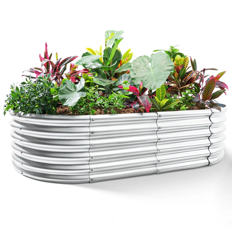 Land Guard Galvanized Metal Raised Garden Bed Kit, 8x4x1.5ft Large Planter Boxes Outdoor, Oval Gardening Box, Patio Garden Planter Box for Vegetables (Silver)