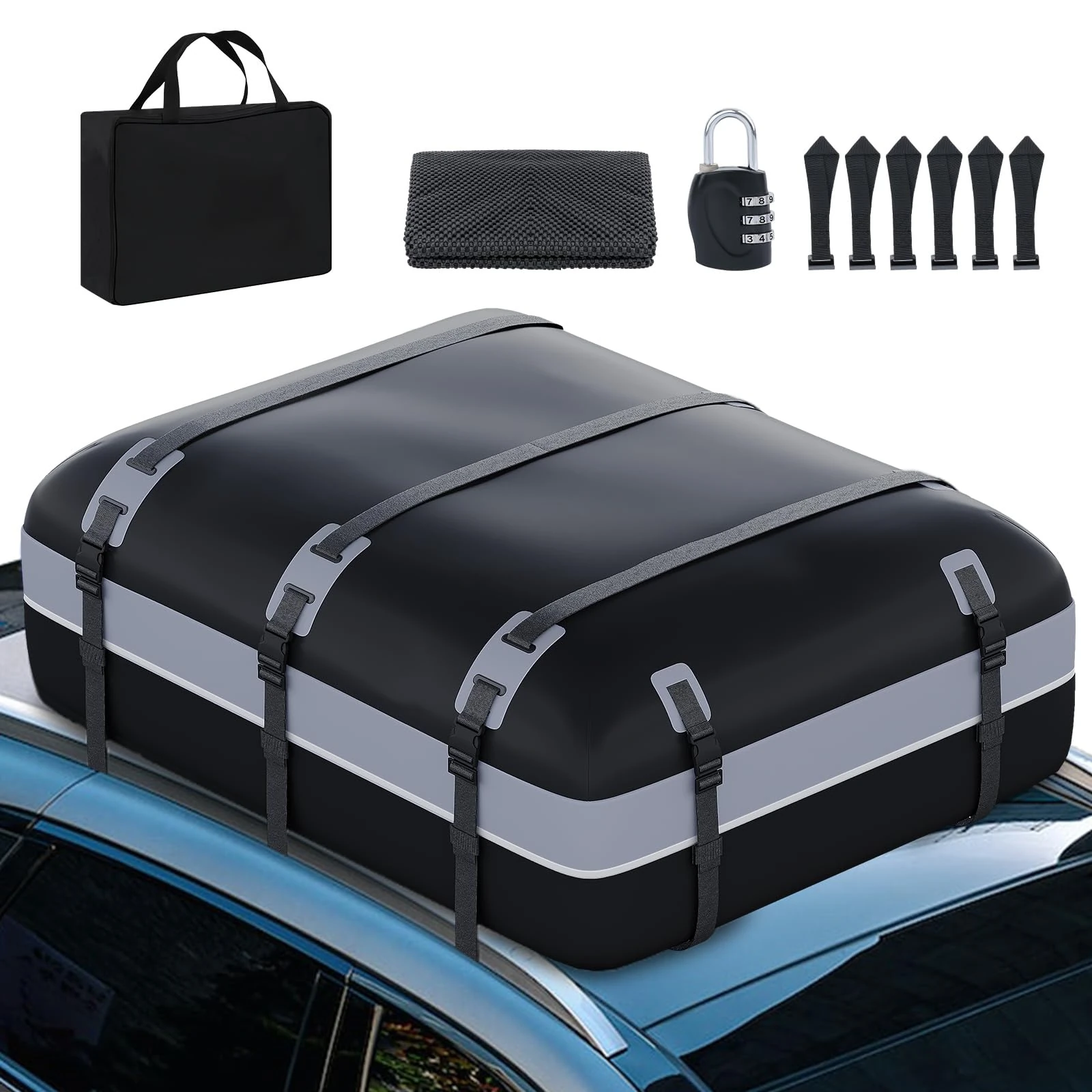 Car Rooftop Cargo Bag Carrier, Soft Roof Top Luggage Bag for All Vechicles with/Without Rack - with Waterproof Zip, Anti-Slip Mat, Luggage Lock, Storage Bag, Door Hooks, 21 Cubic Feet （Gray-Black）
