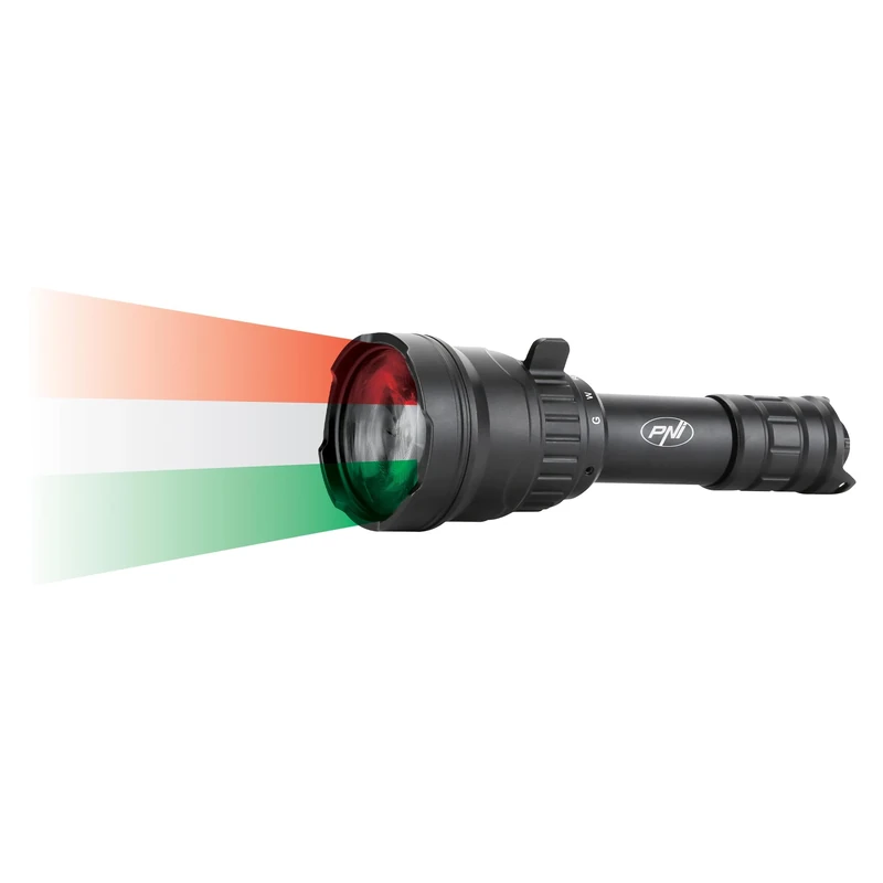 PNI Adventure F300 LED Flashlight in 3 Colors, White, red, Green, Distance 500 m, Luminous Flux 540 lm, 18650 3000mAh Battery Included, Battery Charger Included, Zoom and dimming Function