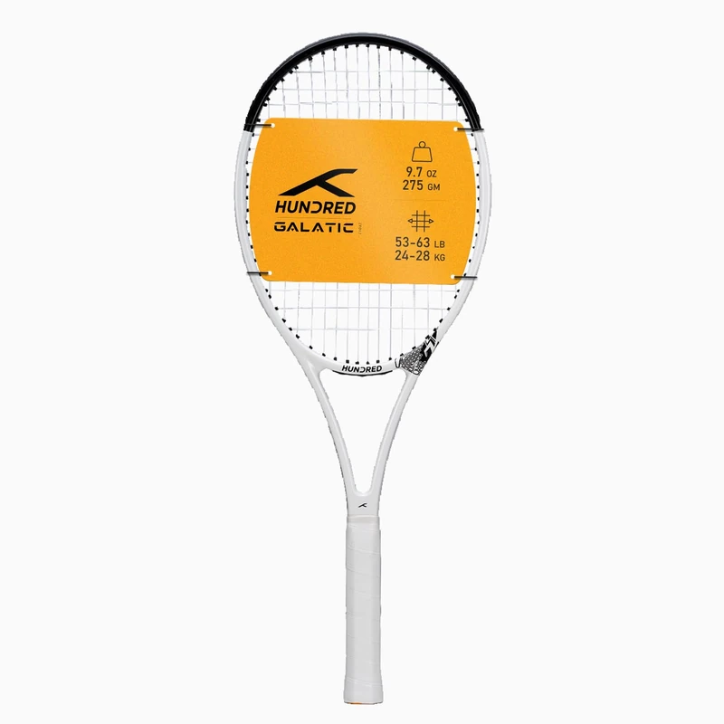 HUNDRED Galactic Strung Tennis Racket with Full Cover | 4 Points Head Light | Color: White/Black, Grip Size 2 (4 1/4 inches) | Unisex | Material: Graphite | 275g