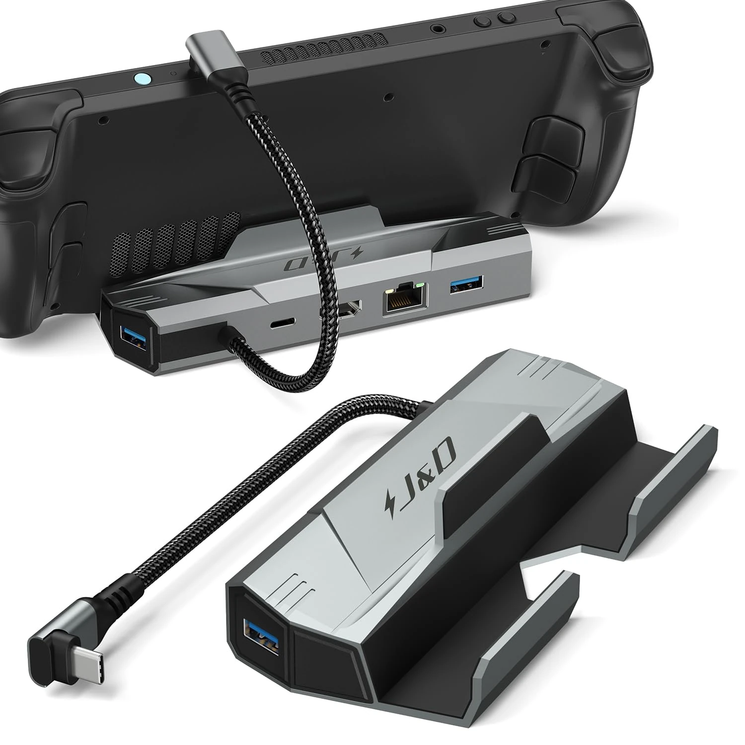 J&D 6-in-1 Docking Station for Steam Deck/ROG Ally | HDMI 2.0 4K@60Hz, Gigabit Ethernet 1000M, 3 USB-A 3.0, 100W USB-C Charging Port | Steam Deck/ROG Ally Dock Station, Grey