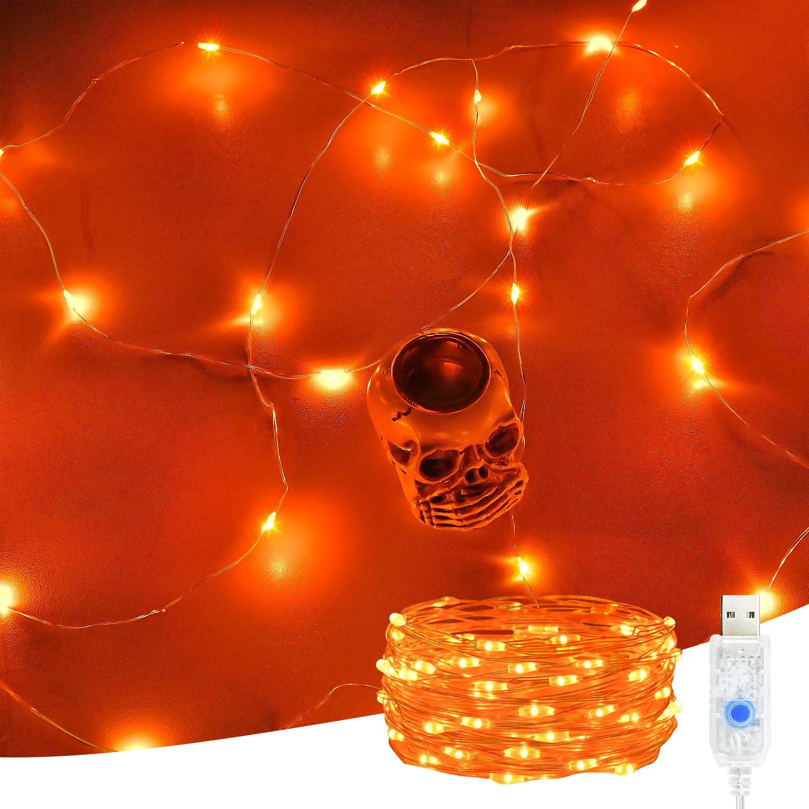 Etopgo USB Orange Fairy Lights,5M/16Ft 50 LED Halloween orange lights 8 Lighting Modes Twinkle String Lights for Indoor Outdoor Halloween Autumn Decorations