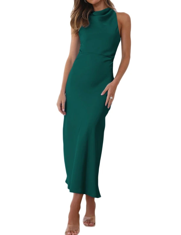 Halfisland Satin High Neck Backless Sleeveless Midi Dresses for Women Elegant Mock Neck High Waist Cross Back Cocktail Dress, Green, S